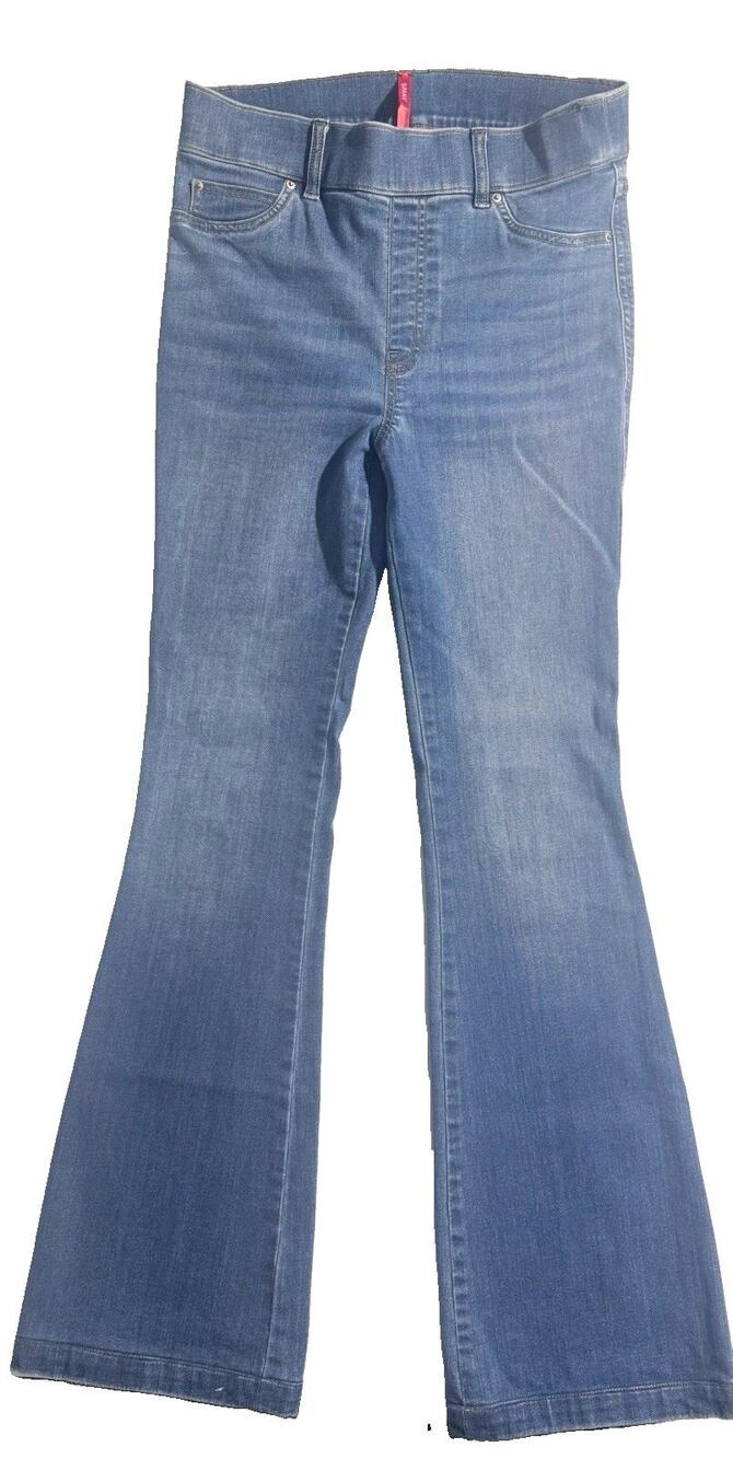 SPANX Pull On Flare Jeans M Blue Stretch Denim High Rise Shaping Wide Leg
